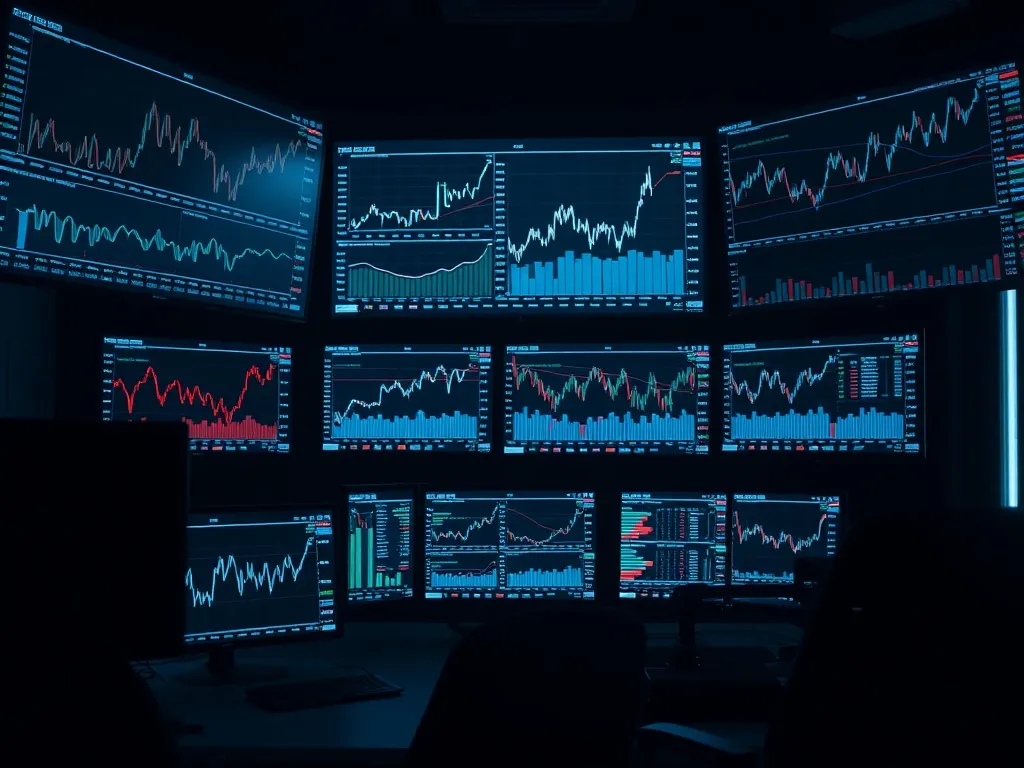 Dark professional office with multiple digital screens showi