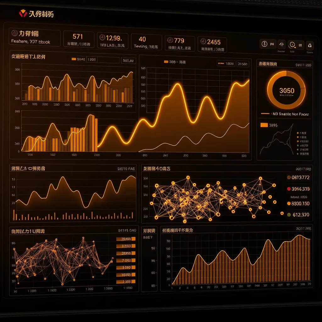 A high-tech dashboard showing complex 3D data visualizations